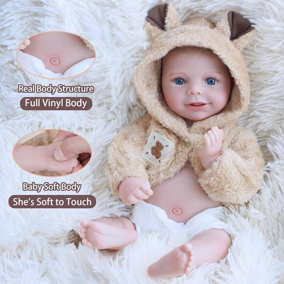🆕18 Inch Soft Full Silicone Body Lifelike Newborn Smiling Baby Doll Girl - Picture 7 of 9